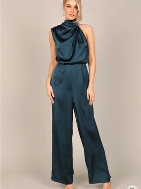 Petal & Pup Teal Satin High-Neck Wide-Leg Jumpsuit